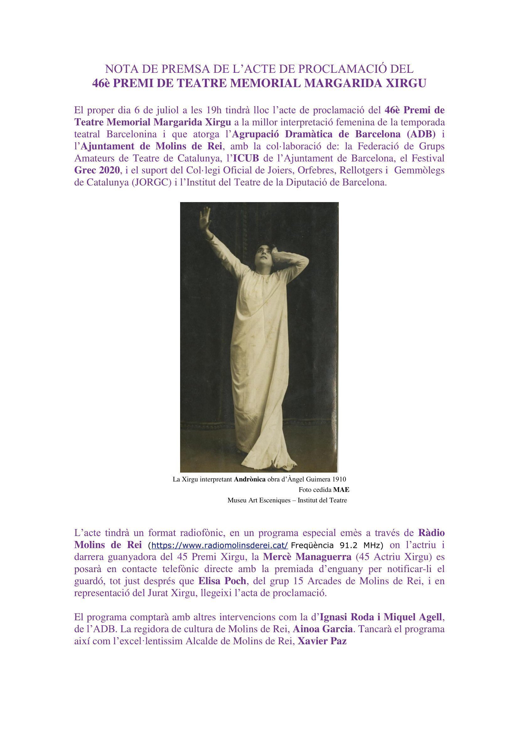 01 NOTA DE PREMSA Xirgu 2019 20 2 Juliol 2